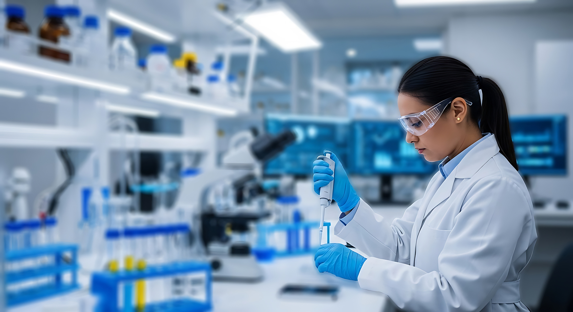 A woman in a lab coat is focused on conducting an experiment in a laboratory setting.